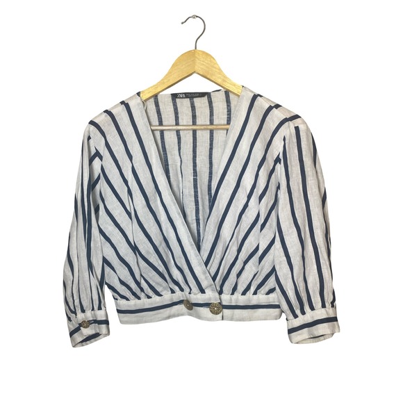Zara Tops - Zara Womens Navy Blue White Striped Linen Wrap Crop Top Gold Button Size Medium